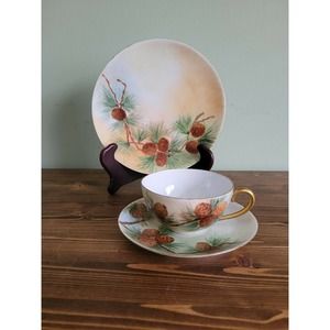 GERMANY Antique Trio Set pinecones - Tea Cup Saucer & Plate Sewell hand painted